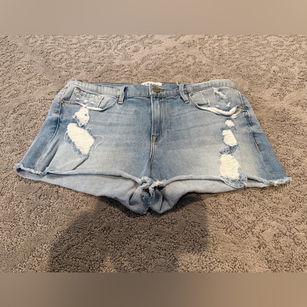 Frame Denim Light Blue Distressed Jean Shorts